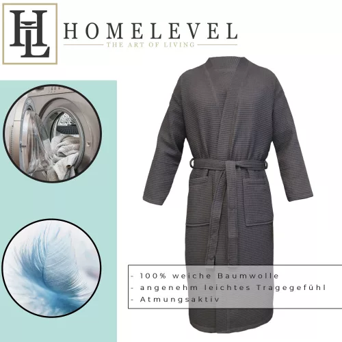 Halat de baie Waffle Pique unisex Homelevel, M, Gri, Bumbac organic, 54916.73.2