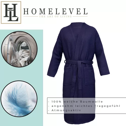 Halat de baie Waffle Pique unisex Homelevel, M, Albastru, Bumbac organic, 54916.04.2