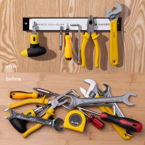 Set 4 suporturi magnetice unelte Navaris, 30.5 cm, 13.6 kg, pentru garaj si atelier, negru, otel