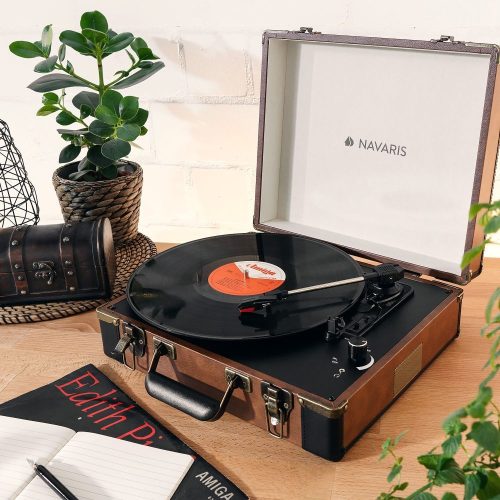 Pick-up Retro Case Navaris, Record Player, Difuzoare integrate, RCA, 3.5mm, AUX, USB port pentru PC, 3 viteze, 45272.01