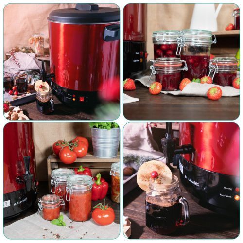 Fierbator electric Navaris, 27 L, pentru vin fiert si conservare, cu robinet, rosu, metal