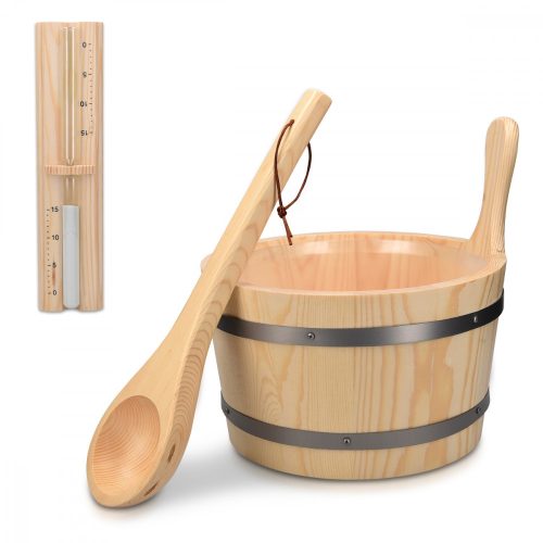 Kit pentru sauna uscata din lemn de pin Navaris, Galeata 5 l, Clepsidra, Lingura, 45467.2.24