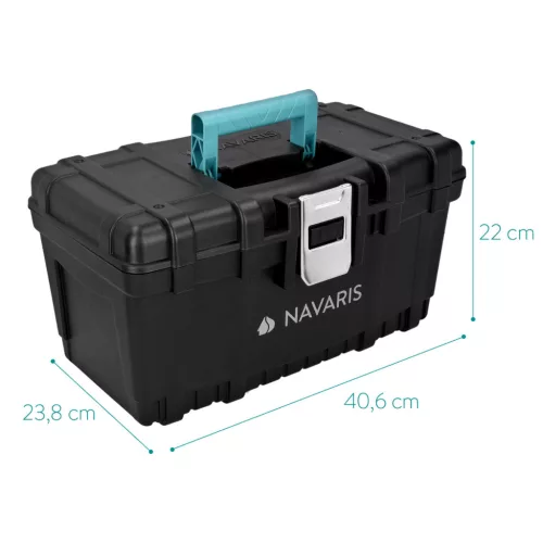 Cutie scule Navaris 16 inch, 40.6x23.8x22 cm, inchidere otel, tava detasabila, 19L, negru, otel