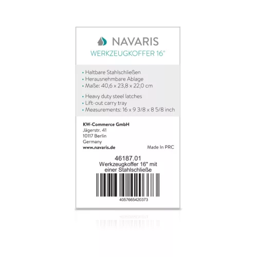 Cutie scule Navaris 16 inch, 40.6x23.8x22 cm, inchidere otel, tava detasabila, 19L, negru, otel