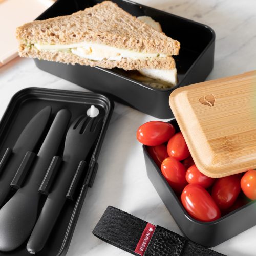 Set 2x Cutie pranz Bento Box cu tacamuri si capac din bambus, 47407.01.01