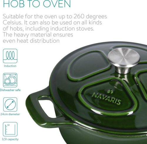 Oala antiaderenta din fonta Navaris pentru plite/cuptoare - 24 cm - 3,5 l - Verde inchis, 48777.01.80