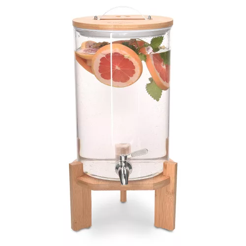 Dozator bauturi Navaris, din sticla borosilicata, 7L, robinet inox si suport din bambus, pentru bauturi calde si reci,Transparent