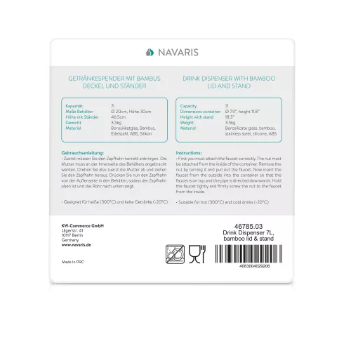 Dozator bauturi Navaris, din sticla borosilicata, 7L, robinet inox si suport din bambus, pentru bauturi calde si reci,Transparent