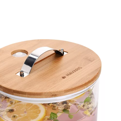 Dozator bauturi Navaris, din sticla borosilicata, 7L, robinet inox si suport din bambus, pentru bauturi calde si reci,Transparent