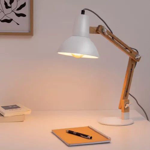 Lampa de masa Navaris, birou din lemn, 38 cm, design minimalist, alba, lumina ambientala, alb, lemn