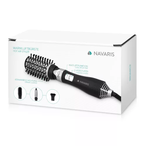 Perie styling cu aer cald Navaris, 4 atasamente, coafare uscata, negru/argintiu, plastic