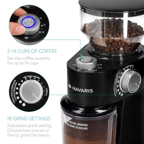 Rasnita electrica cafea Navaris, reglaj macinare, pentru espresso/filtru, negru, plastic