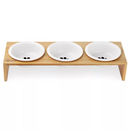 Set 3 Boluri pentru hrana si apa cu suport de lemn Navaris, 350 ml, 46946.2