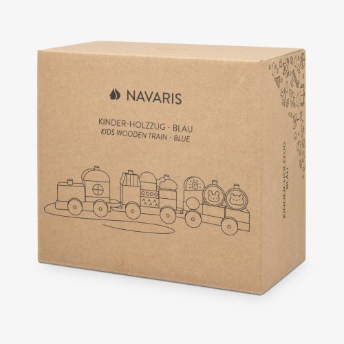 Trenulet din lemn Navaris, 20 piese, 3 vagoane, jucarie de tras si stivuit, albastru, lemn