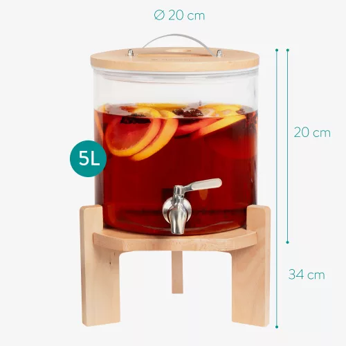 Dozator de bauturi din sticla Navaris cu robinet si stand, 5 l, Maro, 46785.04