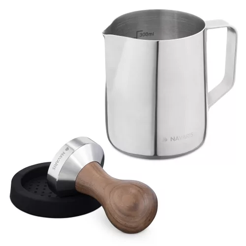 Set Latiera din inox si tamper cu maner din lemn de nuc Navaris, 51 mm, Covoras, 53238.01.02