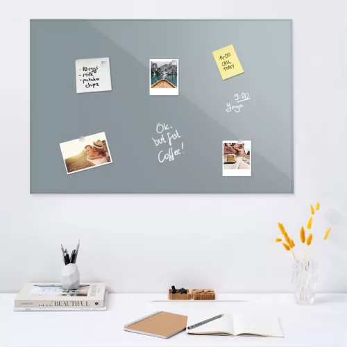 Tabla memo din sticla Navaris, magnetica, 90x60 cm, pentru note si planificare, gri, sticla