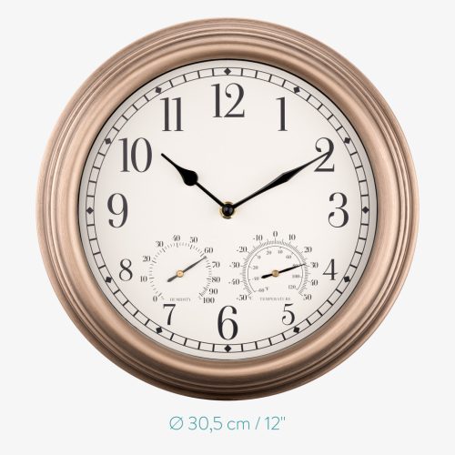 Ceas exterior gradina Navaris, termometru si higrometru, diametru 30.5 cm, rezistent, negru, plastic