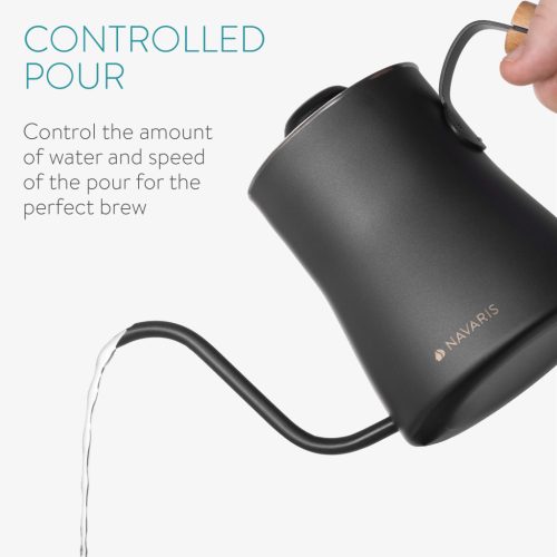 Fierbator cafea Navaris pour-over, 1000 ml, termometru integrat, argintiu, lemn/otel inoxidabil