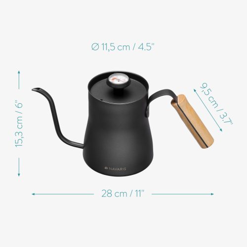 Fierbator cafea Navaris pour-over, 1000 ml, termometru integrat, argintiu, lemn/otel inoxidabil