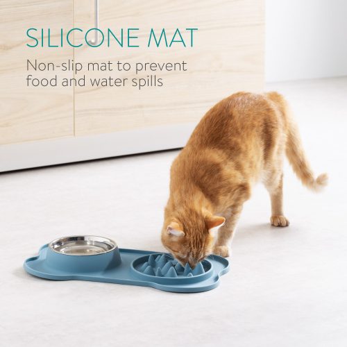 Covoras de hranire lenta si bol de apa incorporat Navaris, 42 x 25 cm, Albastru, 55133.17