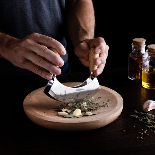 Set tocator si cutit semicircular Navaris pentru taiat ierburi aromatice, 24x24x3 cm, 52978.02