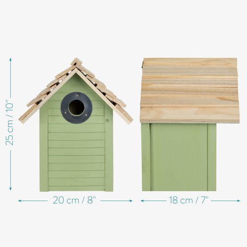Casuta pentru pasari din lemn de pin Navaris, 25 x 20 x 17.9 cm, Verde, 55458.01