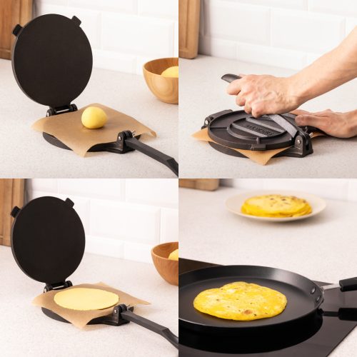 Presa tortilla Navaris, 20 cm diametru, prindere stabila, retete incluse, negru, otel inoxidabil