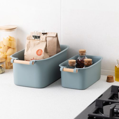 Set 4 cutii depozitare Navaris cu maner din lemn, 37, 8x21, 4x14 cm si 28, 5x16x10, 5 cm, maro, lemn