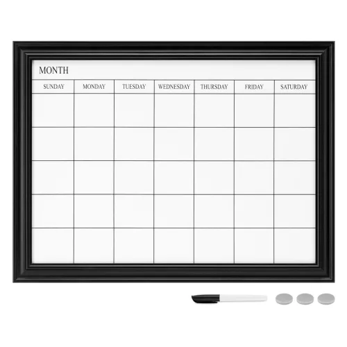 Tabla magnetica planificator lunar Navaris, cu rama, 60.9x45.7 cm, 3 magneti si marker, negru, plastic