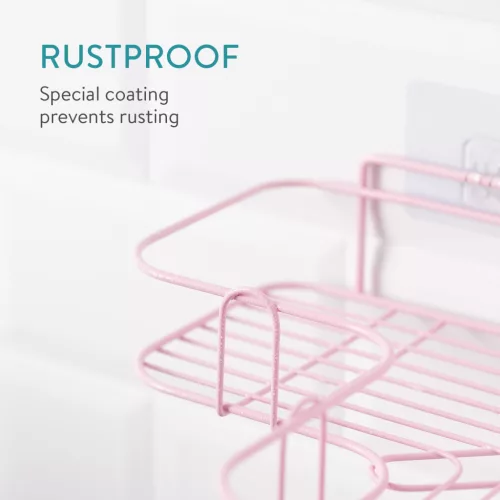 Set 2 rafturi colt dus Navaris, autoadezive, 26.5x26.5x7 cm, max 3 kg/polita, roz, metal