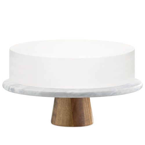 Suport tort rotativ Navaris, 30 cm, baza lemn acacia, decorare si servire, marmura/lemn, alb, lemn