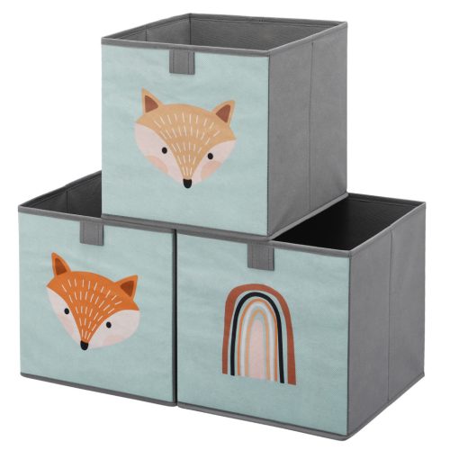 Set 3 cutii depozitare copii Navaris, 28x28x28 cm, design vulpe, verde, polipropilena/carton