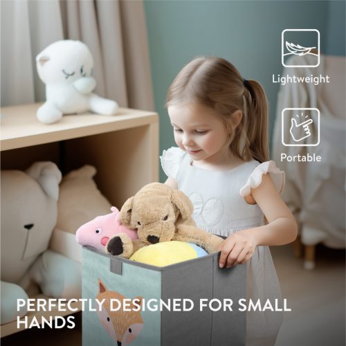 Set 3 cutii depozitare copii Navaris, 28x28x28 cm, design vulpe, verde, polipropilena/carton