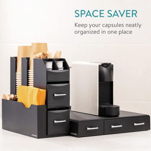 Set suport aparat cafea 3 sertare pentru capsule si organizator 2 sertare pentru consumabile Navaris, negru, 60824.01