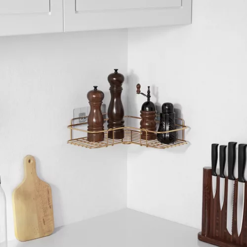 Set 2 rafturi dus colt Navaris, autoadezive, 26.5x26.5x7 cm, auriu, metal