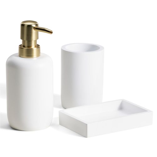 Set accesorii baie Navaris, 3 piese, suport periute, dozator si savoniera, polirasina, alb, rasina