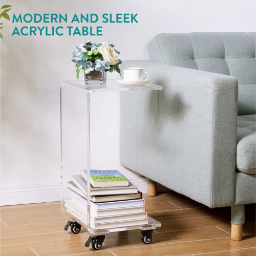 Masa acrilica cu roti Navaris, C-shape, 66x30x30 cm, living si birou, acril, transparent, plastic