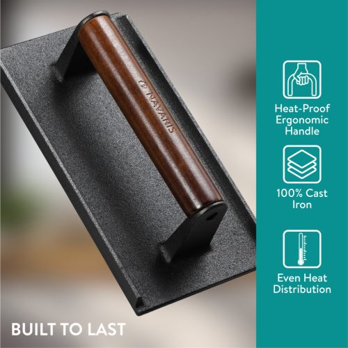 Presa burger Navaris dreptunghiulara, 21x11x6.5 cm, maner din lemn, grill & bacon press, negru, lemn