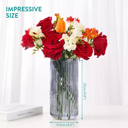 Vaza ribbed Navaris, 11.5x25 cm, cilindrica, pentru flori si decor, gri, sticla