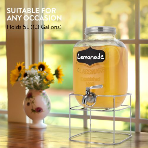 Dozator bauturi Navaris, 5L, cu stand metalic, robinet inox, sticla, NAV000017KN004C