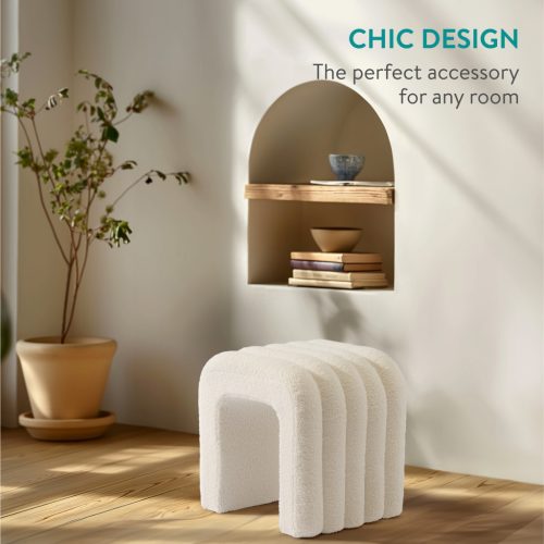 Taburet Boucle Navaris, 41x35x43 cm, scaunel pufos, design versatil, crem/alb, MDF/lemn