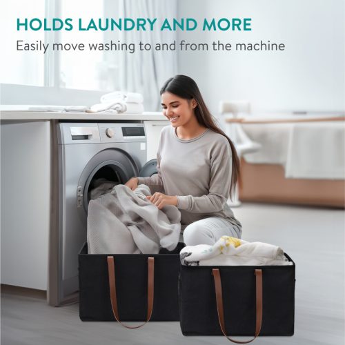 Set 2 cosuri rufe pliabile Navaris, 37 L, manere laterale si snur, 43x31x28 cm, negru, textil