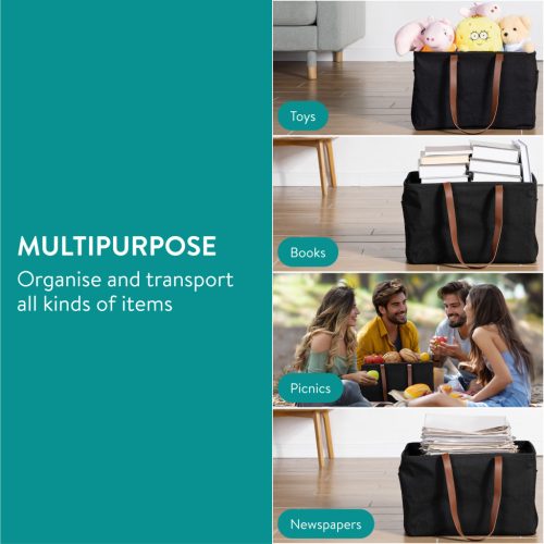 Set 2 cosuri rufe pliabile Navaris, 37 L, manere laterale si snur, 43x31x28 cm, negru, textil