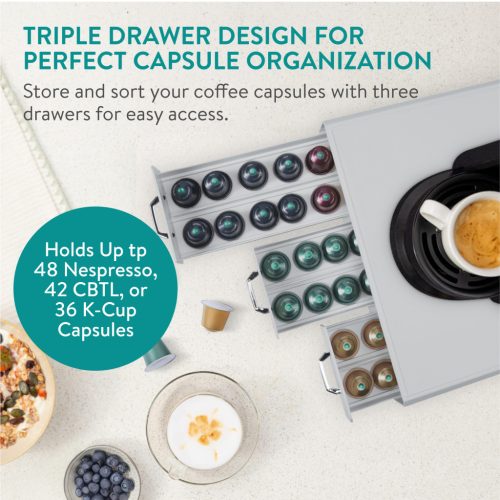 Organizator capsule cafea Navaris, 3 sertare, 48 capsule, 34.2x6.5x32.5 cm, HIPS, gri, plastic