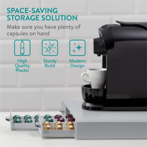Organizator capsule cafea Navaris, 3 sertare, 48 capsule, 34.2x6.5x32.5 cm, HIPS, gri, plastic