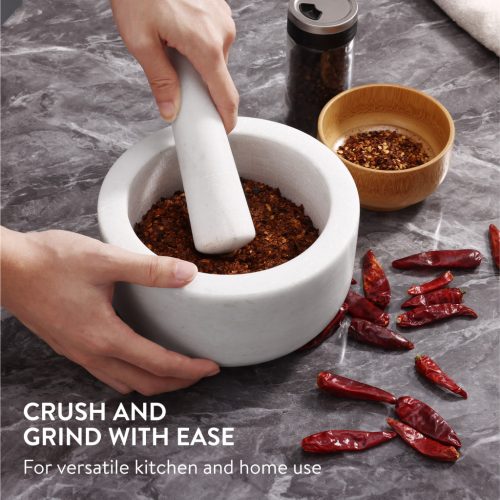 Set mojar si pistil Navaris, 18 cm, marmura alba, baza antiderapanta, 4 cup, alb, piatra naturala