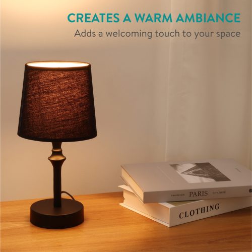 Lampa de masa Navaris, E27, abajur textil, 30 cm, cablu 1.8 m, baza metalica, negru, textil