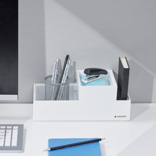 Set 2 cutii depozitare Navaris, 30x15x7 cm si 15x11, 5x5 cm, alb, bambus