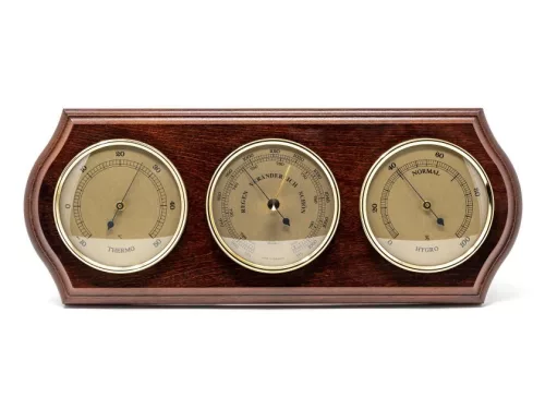 Stație meteo Fischer 9176-22, barometru, higrometru și termometru, alamă și lemn mahon, 33 x 13 cm